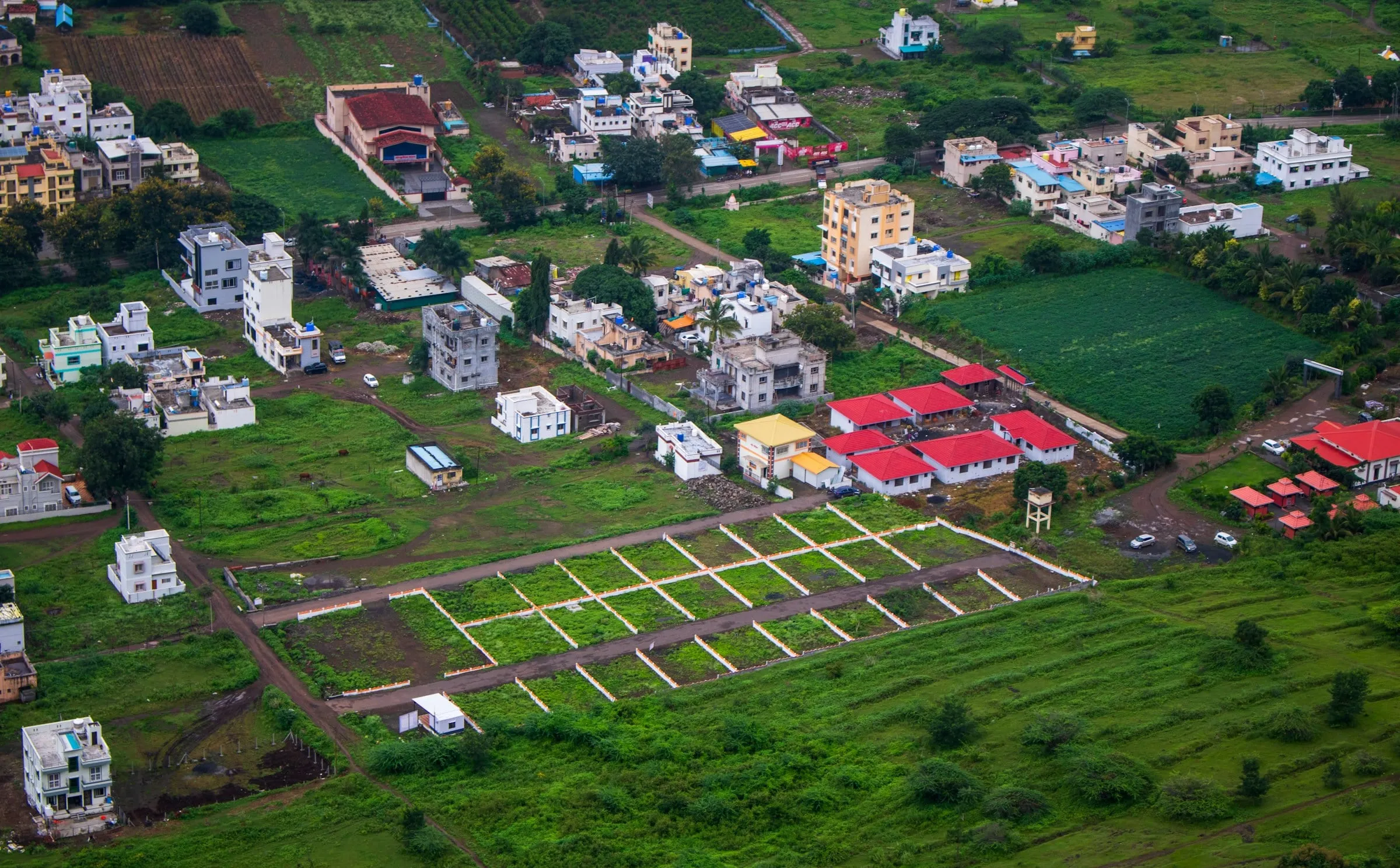 Open land with a tree-lined road at golden hour, representational image for Vista Village plots, Kurali Bypass
