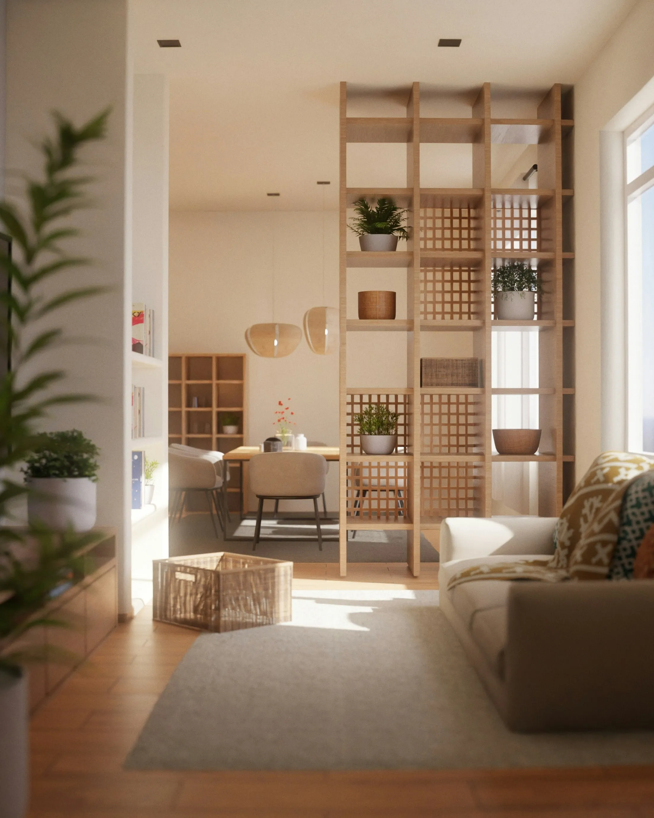 Bright living room with natural light and wooden accents