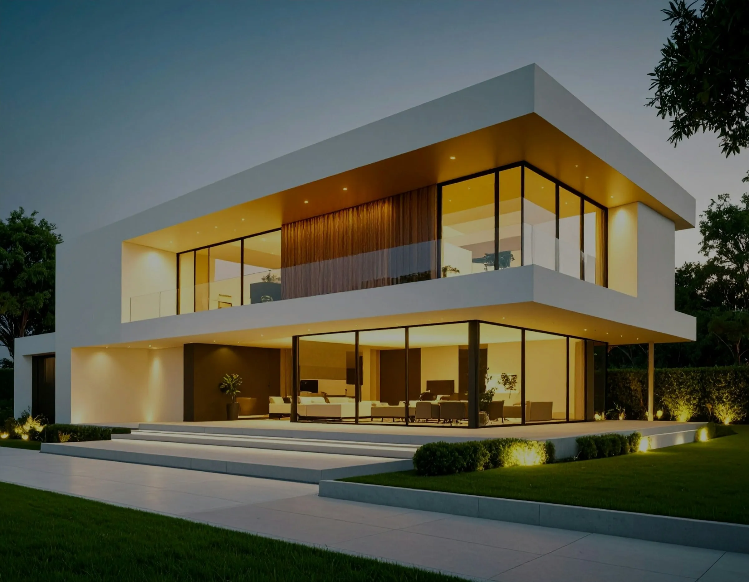 Modern house exterior lit at night